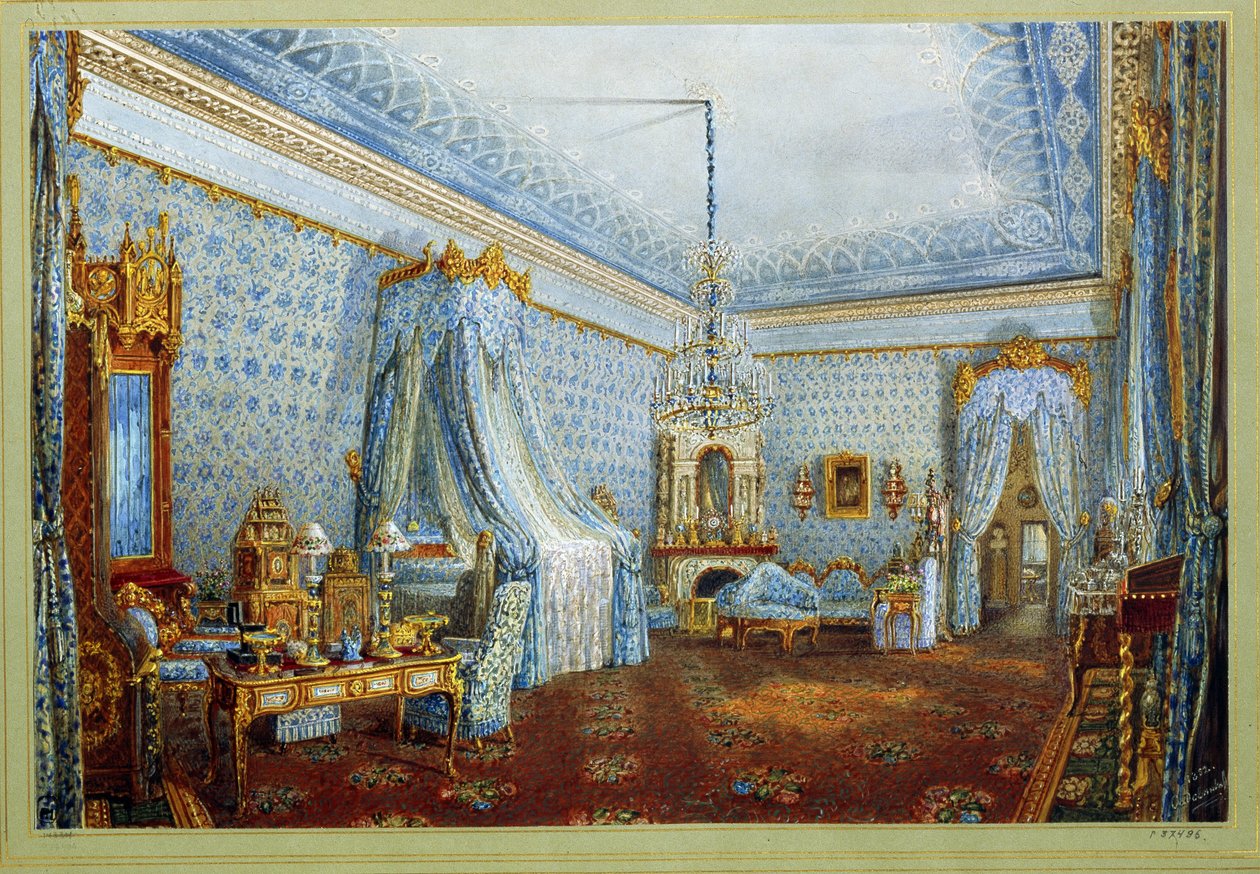 Huone Jusupovin palatsissa (Moika Palace) Pietarissa (Huone Jusupovin palatsissa Pietarissa). Vasili Semjonovitš Sadovnikovin (1800-1879) teos, akvarelli paperille. venäläistä taidetta tekijältä Vasili Semenovich Sadovnikov