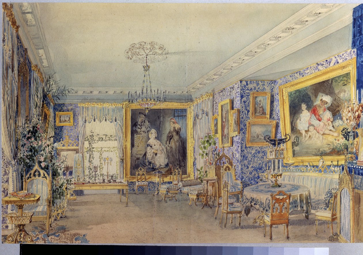 Olohuone Verkin kartanossa. Vasili Semjonovitš Sadovnikovin (1800-1879) työ, akvarelli paperille tekijältä Vasili Semenovich Sadovnikov