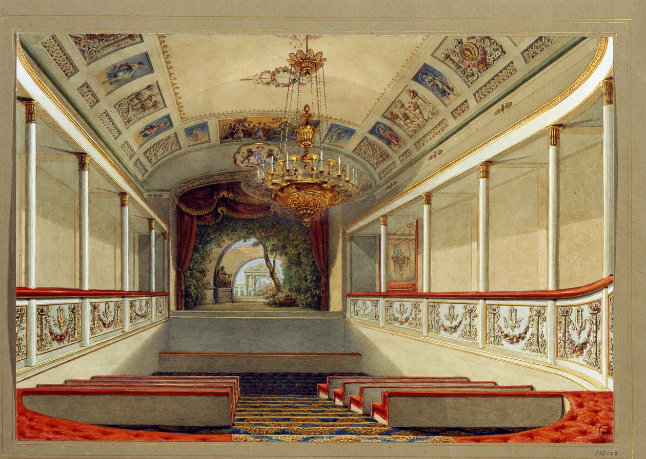 Jusupovin palatsin (Moika Palace) teatterisali Pietarissa. (Kotiteatteri Jusupovin palatsissa Pietarissa). Vasili Semjonovitš Sadovnikovin (1800-1879) teos, akvarelli paperille. 1800-luvun venäläinen taide. Valtio Venäjä Mus tekijältä Vasili Semenovich Sadovnikov