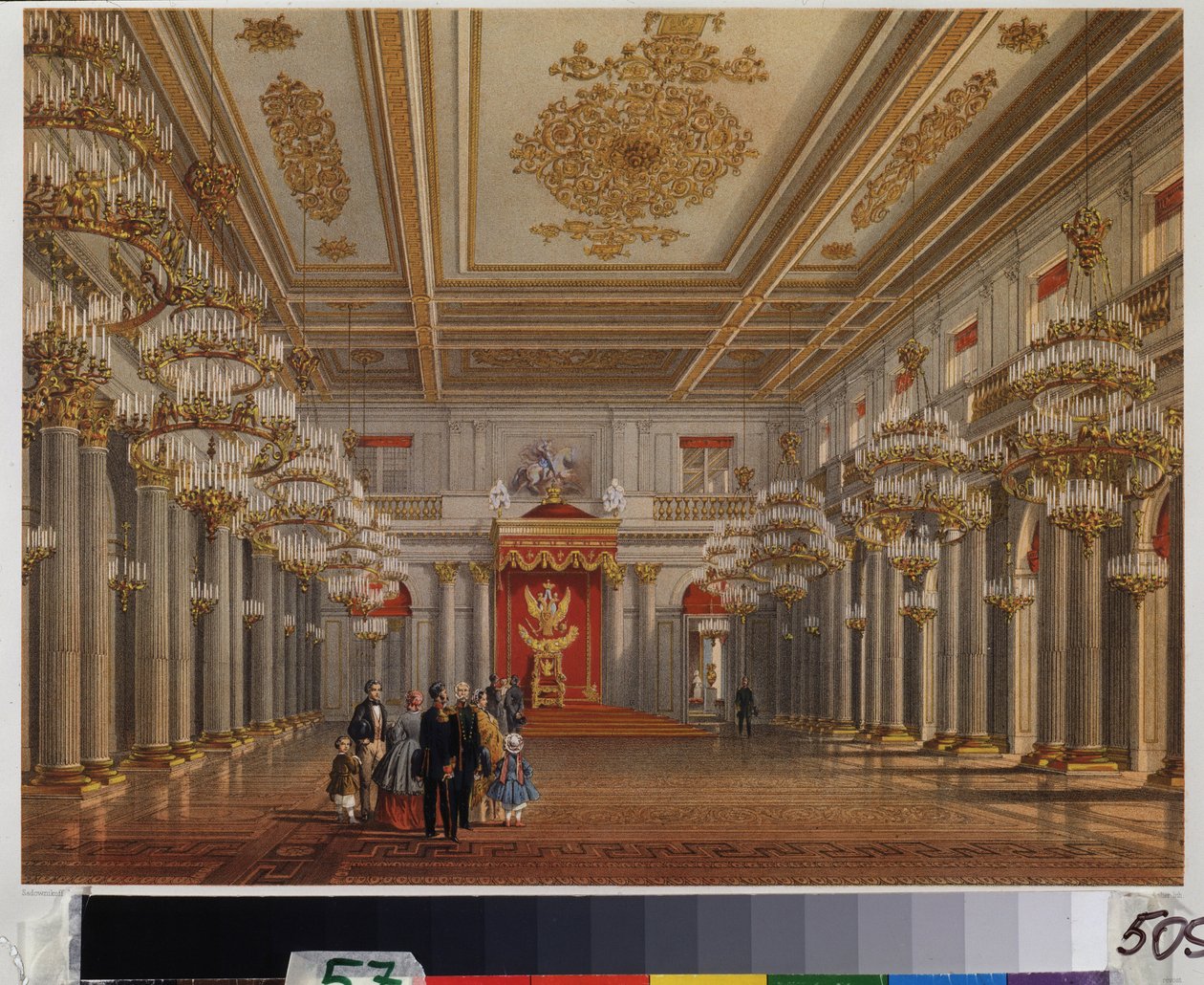 Pietarin Talvipalatsin valtaistuinsali (Hall of Saint George). Vasili Semjonovitš Sadovnikovin (1800-1879) teos, akvarelli paperille. 1800-luvun venäläinen taide. A. Pushkinin muistomuseo, Pietari. tekijältä Vasili Semenovich Sadovnikov