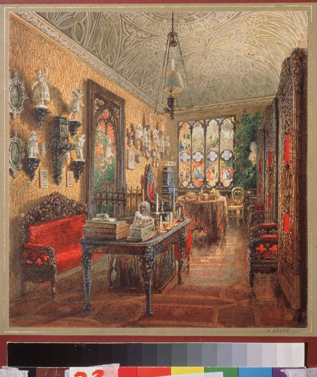 Toimisto Jusupovin palatsissa (Moika Palace) Pietarissa. Vasili Semjonovitš Sadovnikovin (1800-1879) työ, akvarelli paperille, venäläinen taide tekijältä Vasili Semenovich Sadovnikov