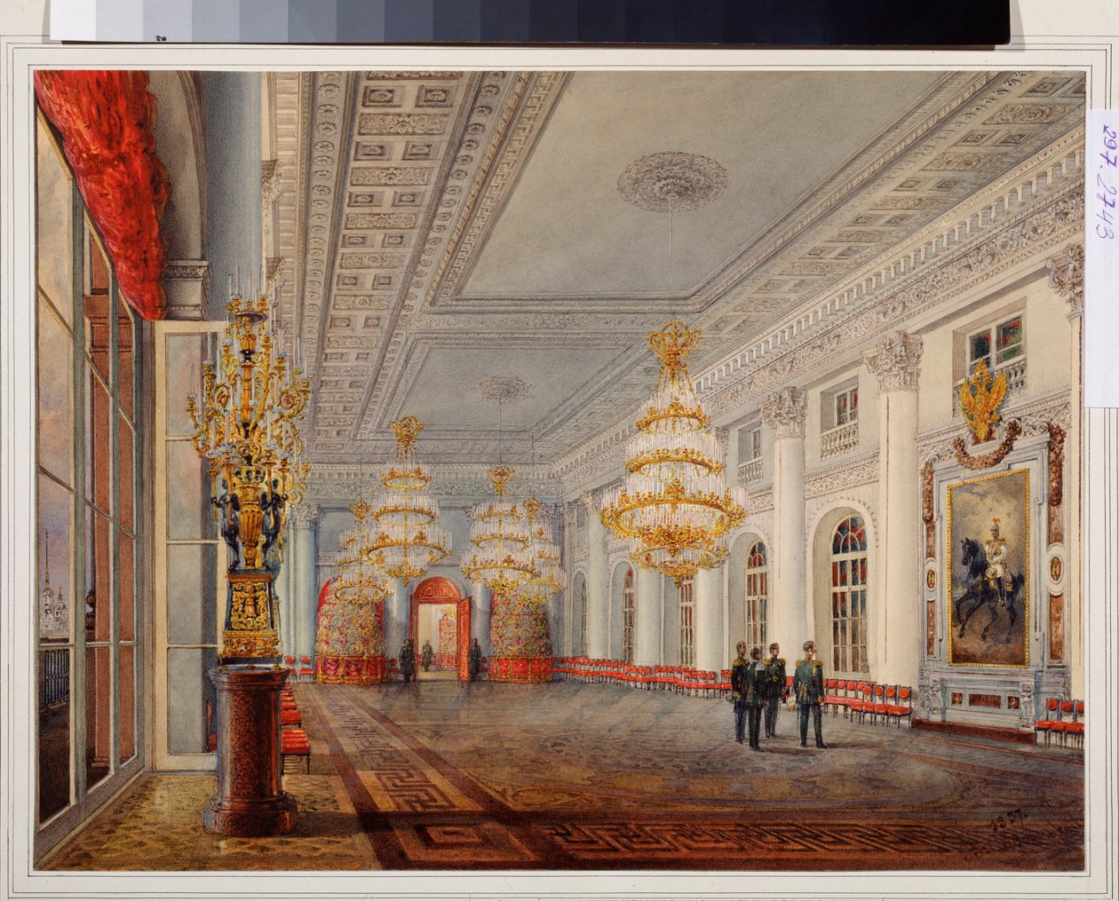 Talvipalatsin suuri sali (tai Nicolas Hall) Pietarissa. Vasili Semjonovitš Sadovnikovin (1800-1879) työ, akvarelli paperille tekijältä Vasili Semenovich Sadovnikov