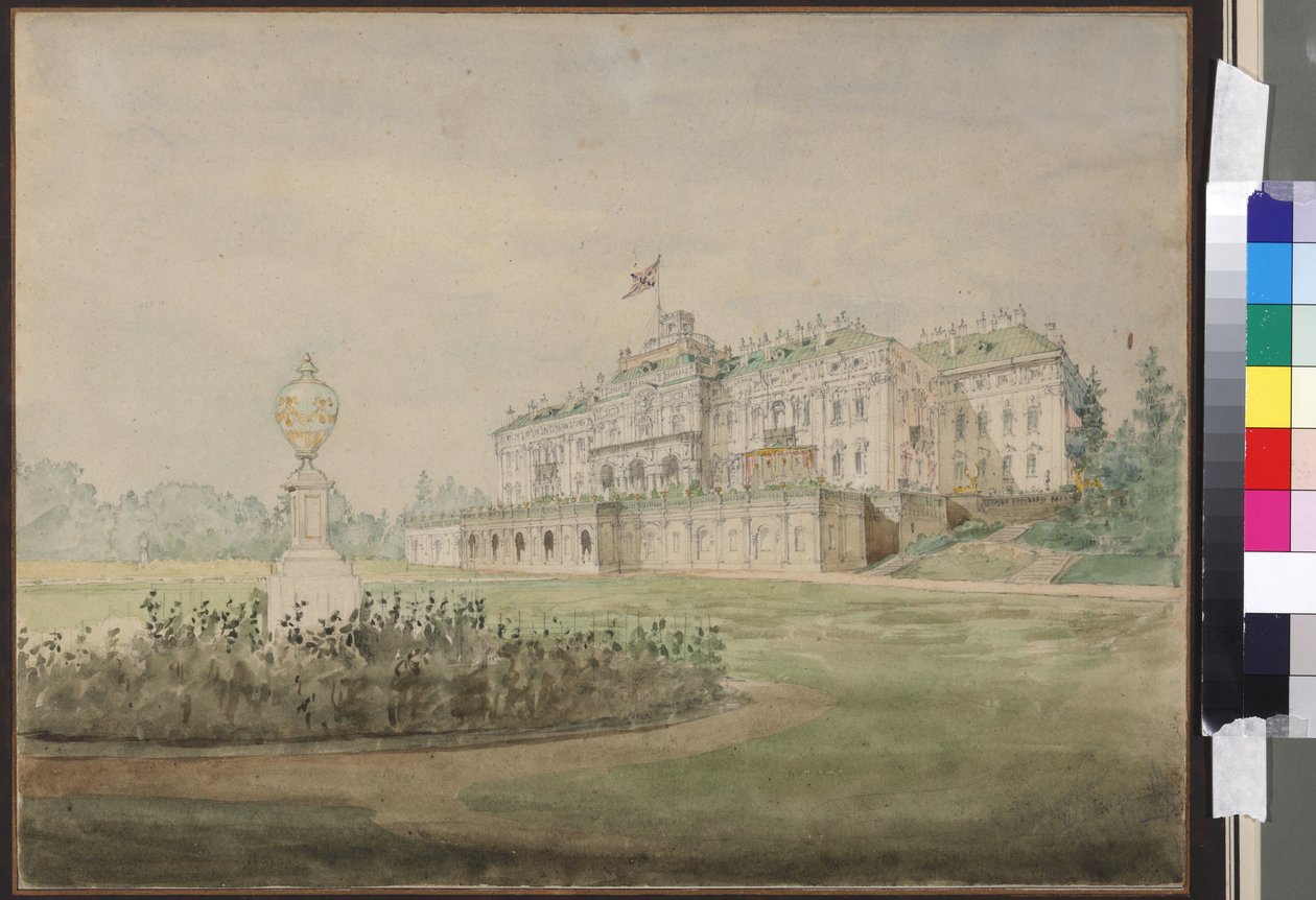 Le palais Constantin a Strelna, pres de Saint Petersbourg - Näkymä Konstantinuksen palatsista Strelnassa lähellä Pietaria, Sadovnikov, Vasily Semjonovich (1800-1879). Akvarelli paperille tekijältä Vasili Semenovich Sadovnikov