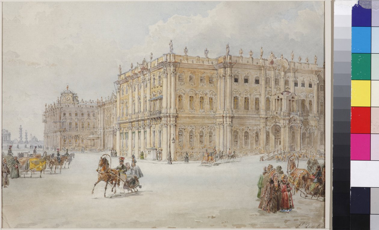 Keisari Nikolai I:n kyydissä palatsin aukiolla, Sadovnikov, Vasily Semjonovich (1800-1879). Akvarelli paperille tekijältä Vasili Semenovich Sadovnikov