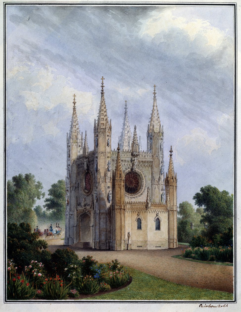 Peterhofin goottilainen kirkko (Venäjä). Vasili Semjonovitš Sadovnikovin (1800-1879) teos, akvarelli paperille, vuosilta 1830-1840. venäläistä taidetta tekijältä Vasili Semenovich Sadovnikov