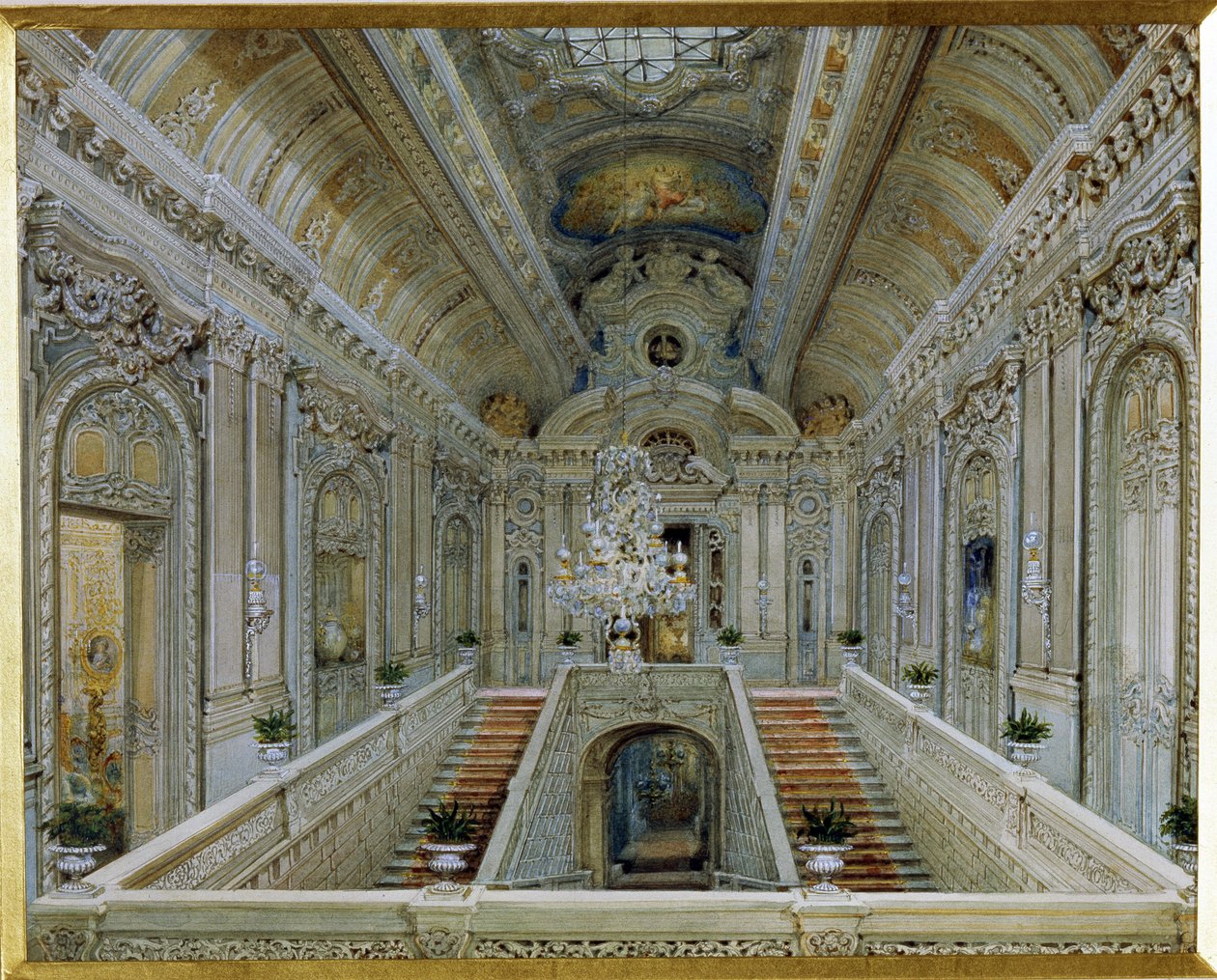 Jusupovin palatsin (Moika Palace) pääportaat Pietarissa. (Pietarin Jusupovin palatsin pääportaat). Vasili Semjonovitš Sadovnikovin (1800-1879) teos, akvarelli paperille. venäläistä taidetta tekijältä Vasili Semenovich Sadovnikov
