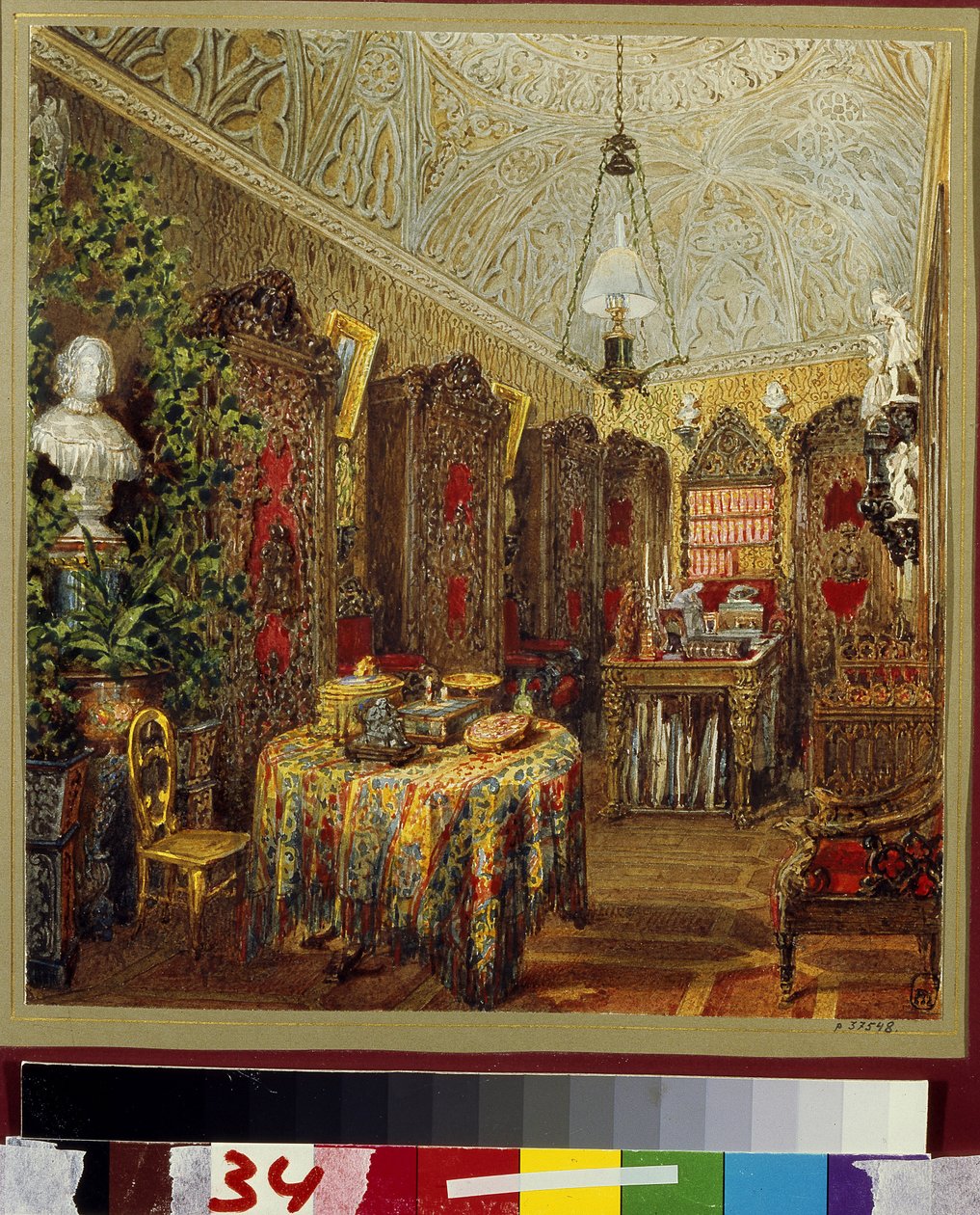 Opiskelu Jusupovin palatsissa (Moika Palace) Pietarissa. (The Study in Jusupov Palace Pietarissa). Vasili Semjonovitš Sadovnikovin (1800-1879) teos, akvarelli paperille. venäläistä taidetta tekijältä Vasili Semenovich Sadovnikov