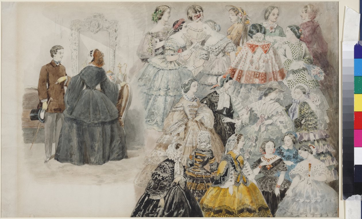 Mode feminiininen - Ladies Fashion, kirjoittanut Sadovnikov, Vasily Semjonovich (1800-1879). Akvarelli paperille, 1840-luvun loppu. Pietarin valtion historian museo tekijältä Vasili Semenovich Sadovnikov