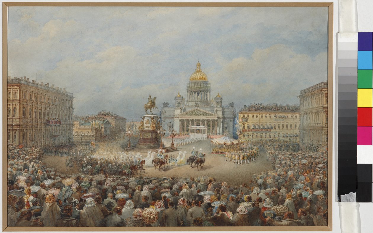 Nikolai I:n muistomerkin avajaiset Mariinski-aukiolla - Vasily Semjonovich Sadovnikov (1800-1879). Akvarelli ja valkoinen väri paperille tekijältä Vasili Semenovich Sadovnikov