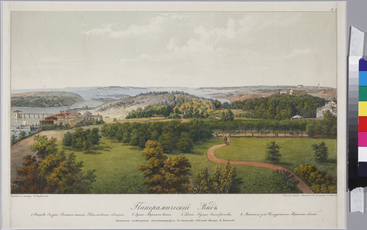 Panoraamanäkymä Sveaporista ja Helsingforsista (arkki 2), kirjoittanut Sadovnikov, Vasily Semjonovich (1800-1879). Litografia, akvarelli tekijältä Vasili Semenovich Sadovnikov