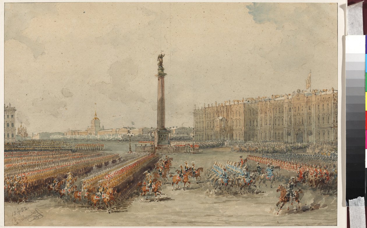 Hengenvartijan hevosrykmentin paraati Palatsiaukiolla - Vasili Semjonovitš Sadovnikov (1800-1879). Akvarelli ja valkoinen väri paperille tekijältä Vasili Semenovich Sadovnikov