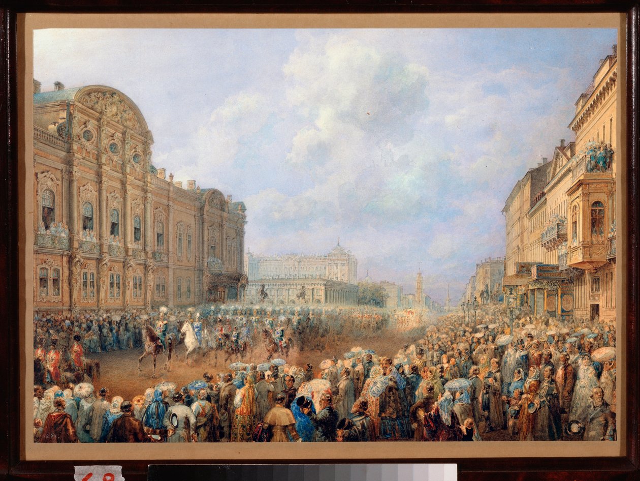 Paraati Neva-kadulla (Nevski Prospekt) Beloselsky-palatsissa Belozersky. (Pietari). Vasili Semjonovitš Sadovnikovin (1800-1879) työ, akvarelli paperille tekijältä Vasili Semenovich Sadovnikov
