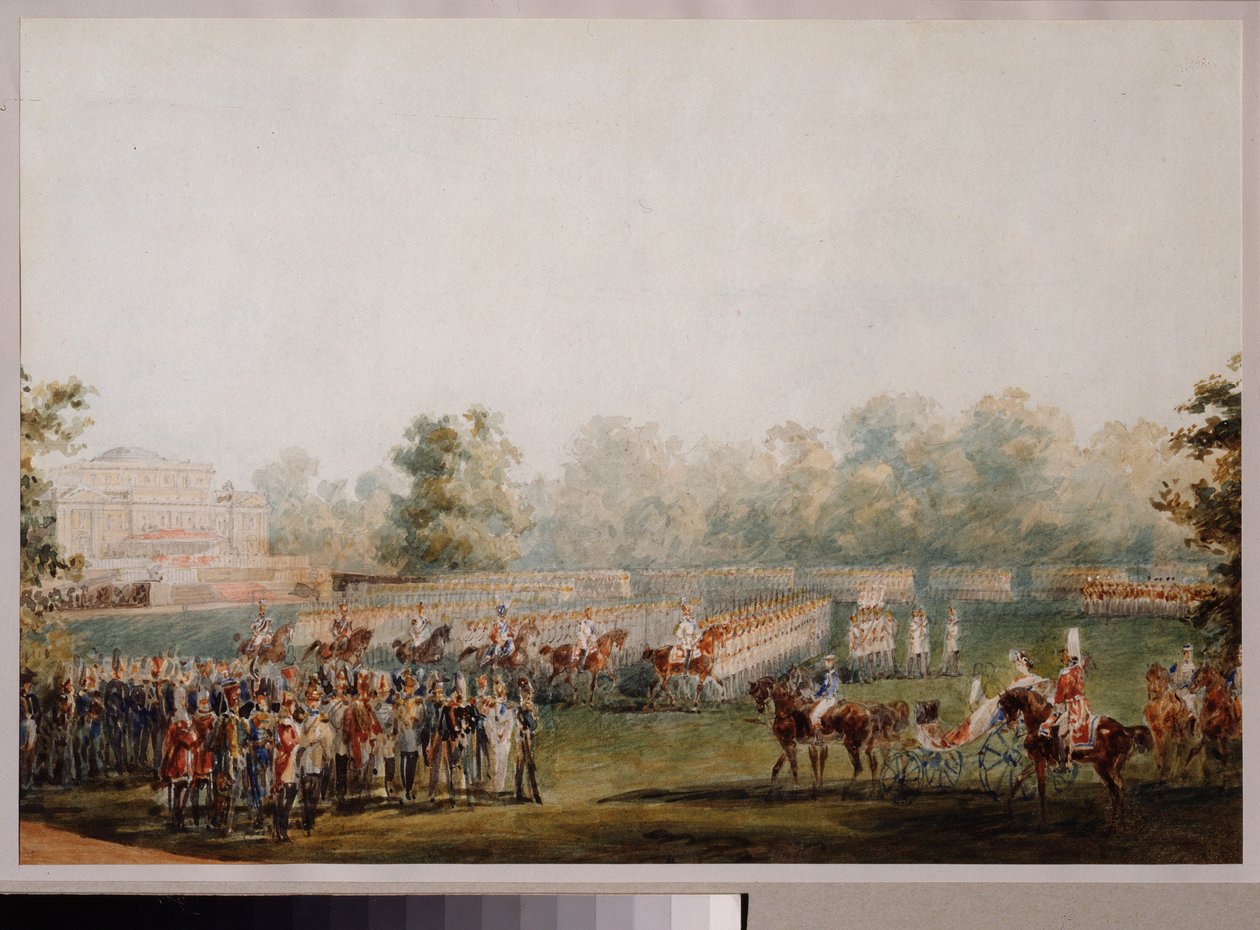 Sotilaallinen paraati Elaginin palatsin niityllä Pietarissa. (Keisarillisen vartijan paraati). Vasili Semjonovitš Sadovnikovin (1800-1879) työ, akvarelli paperille tekijältä Vasili Semenovich Sadovnikov