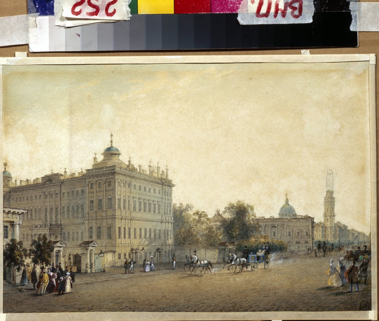 Pyhä PIETARI. Anichkovin palatsi. (Pietari. Anichkovin palatsi). Vasili Semjonovitš Sadovnikovin (1800-1879) teos, akvarelli paperille, noin 1830. Venäläistä taidetta tekijältä Vasili Semenovich Sadovnikov