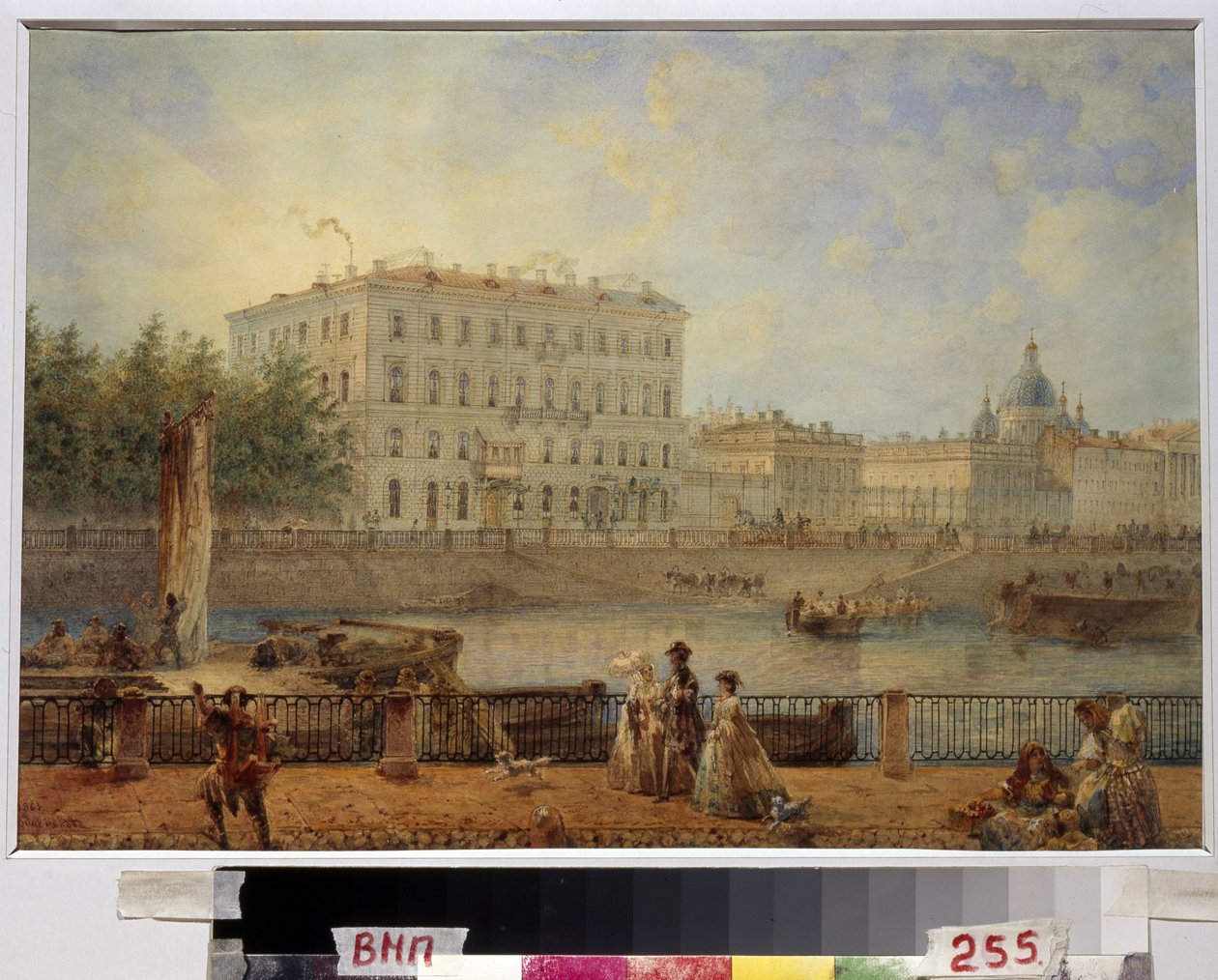 Pyhä PIETARI. Näkymä Fontankaan ja Derzhavinin talolle. (Pietari. Näkymä Fontanka-joelle ja Derzhavinin talolle). Vasili Semjonovitš Sadovnikovin (1800-1879) työ, akvarelli paperille tekijältä Vasili Semenovich Sadovnikov