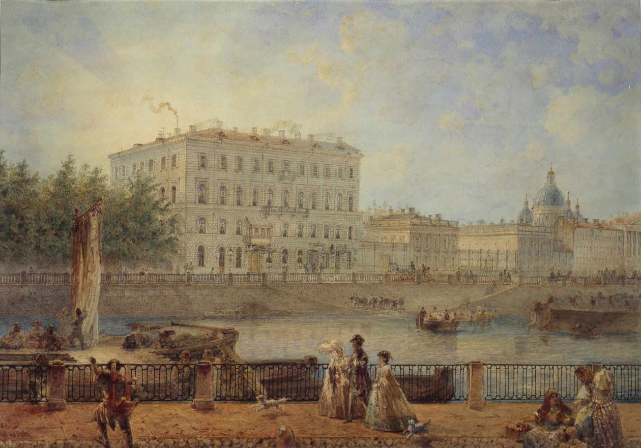 Pietari. Näkymä Fontanka-joelle ja Derzhavinin talolle, 1861 tekijältä Vasili Semenovich Sadovnikov
