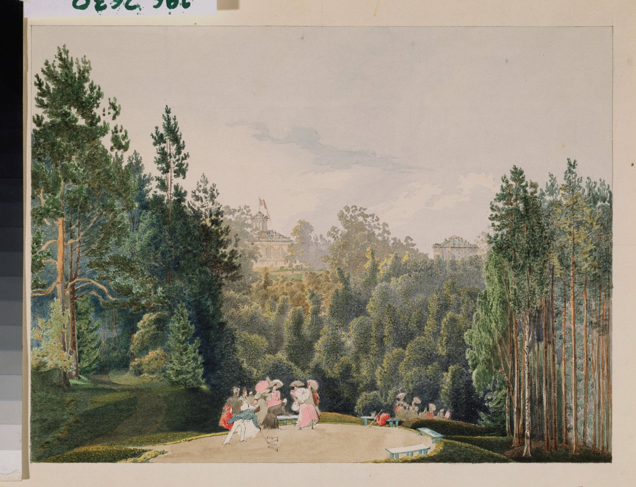 Näkymä puistossa. Vasili Semjonovitš Sadovnikovin (1800-1879) työ, akvarelli paperille tekijältä Vasili Semenovich Sadovnikov