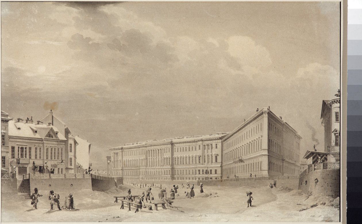 Pietari. Yleisesikunnan rakennus Moika-joen rantakadulla, kirjoittanut Sadovnikov, Vasily Semjonovich (1800-1879). Akvarelli paperille, ennen 1833. Pietarin valtionhistoriallinen museo tekijältä Vasili Semenovich Sadovnikov