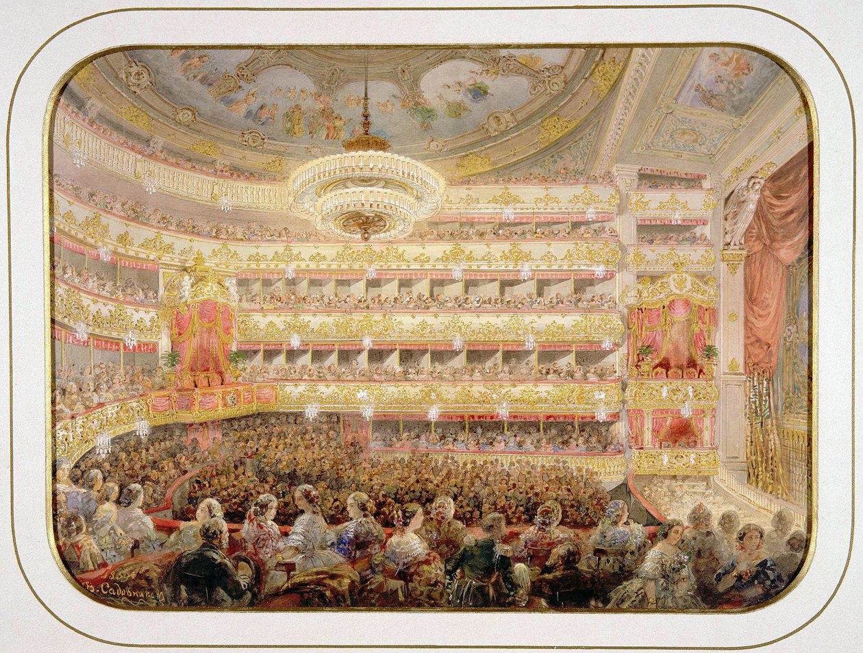 Pietarin keisarillisen Bolshoi Kamenny -teatterin auditorio parissa Sadovnikov, Vasily Semjonovich (1800-1879). Vesiväri, guassi paperille, koko: 35x26 tekijältä Vasili Semenovich Sadovnikov