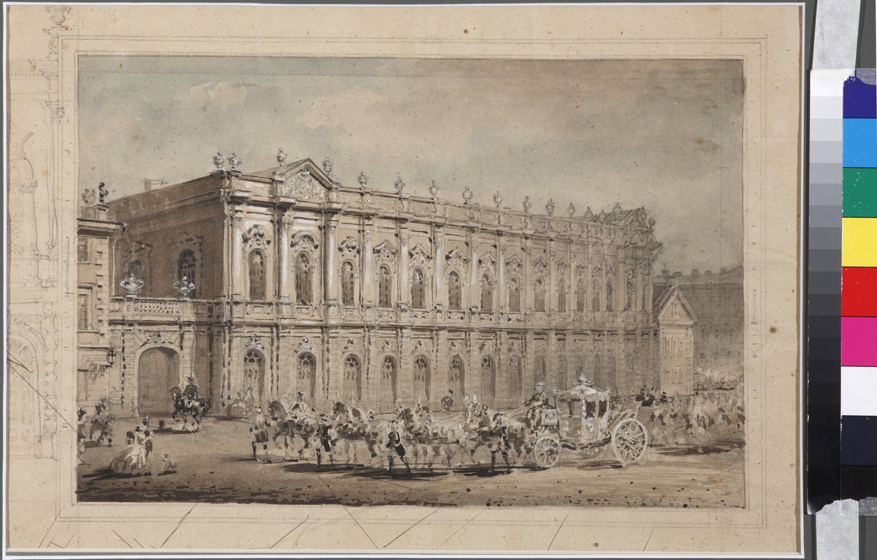 Ovivaunujen museo (Tallimuseo) Pietarissa, kirjoittanut Sadovnikov, Vasily Semjonovich (1800-1879). Akvarelli paperille tekijältä Vasili Semenovich Sadovnikov