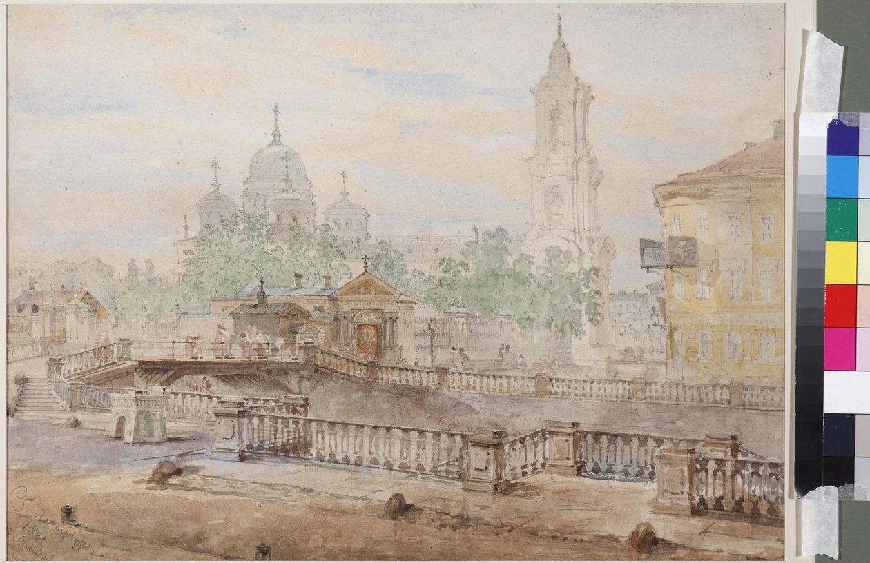 Voznesenskin silta Katariinan kanavan yli, kirjoittanut Sadovnikov, Vasily Semjonovich (1800-1879). Akvarelli paperille tekijältä Vasili Semenovich Sadovnikov