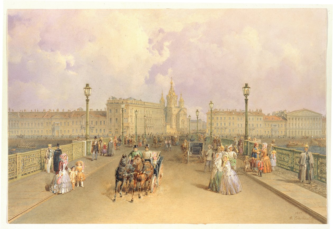 Näkymä Blagoveshchensky-sillalle Pietarissa, 1851 tekijältä Vasili Semenovich Sadovnikov