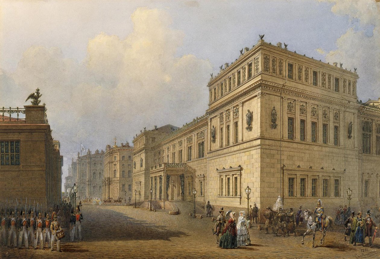 Näkymä uudelle Eremitaašille Millionnaya Streetin kautta, 1851 tekijältä Vasili Semenovich Sadovnikov