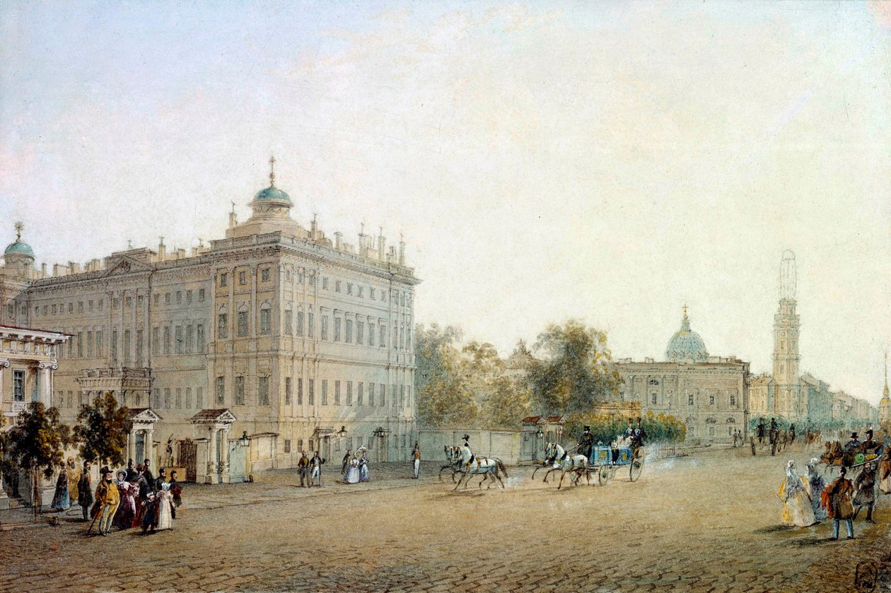 Näkymä Perspektiivistä Nevski (Nevski) Pietarissa 1830. Venäjä Vasili Sadovnikovin (1800-1879) akvarelli 1830 Pietari. Eremitaasin kirjasto tekijältä Vasili Semenovich Sadovnikov