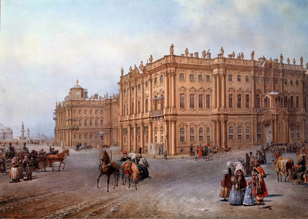 Näkymä Talvipalatsista Pietarissa vuonna 1843 Vasily Sodovnikofin (tai Sadovnikovin) litografia tekijältä Vasili Semenovich Sadovnikov