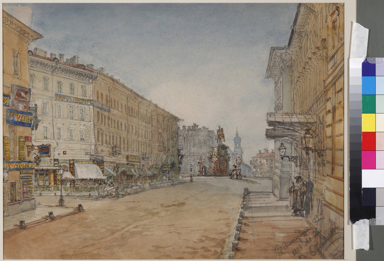 Voznesenski prospekt Pietarissa, kirjoittanut Sadovnikov, Vasily Semjonovich (1800-1879). Akvarelli paperille tekijältä Vasili Semenovich Sadovnikov