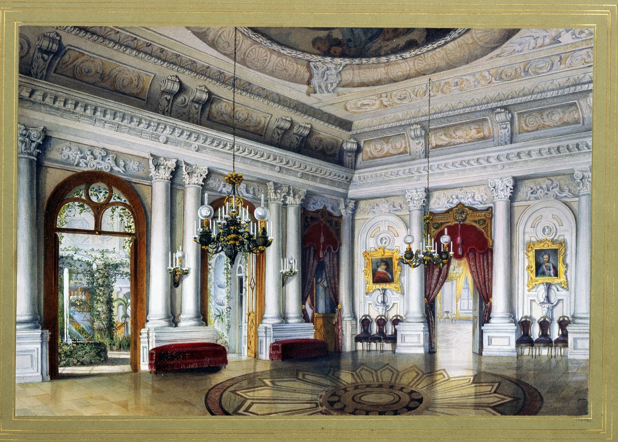 Näkymä Antonio Vighi -huoneesta Jusupovin palatsissa (Youssoupov, Youssoupoff) Pietarissa, jota kutsutaan myös Moika-palatsiksi (Antonio Vigi -huone Jusupovin palatsissa Pietarissa). Vasili Semjonovitš Sadovnikovin (1800-1879) taideteos. aq tekijältä Vasili Semenovich Sadovnikov