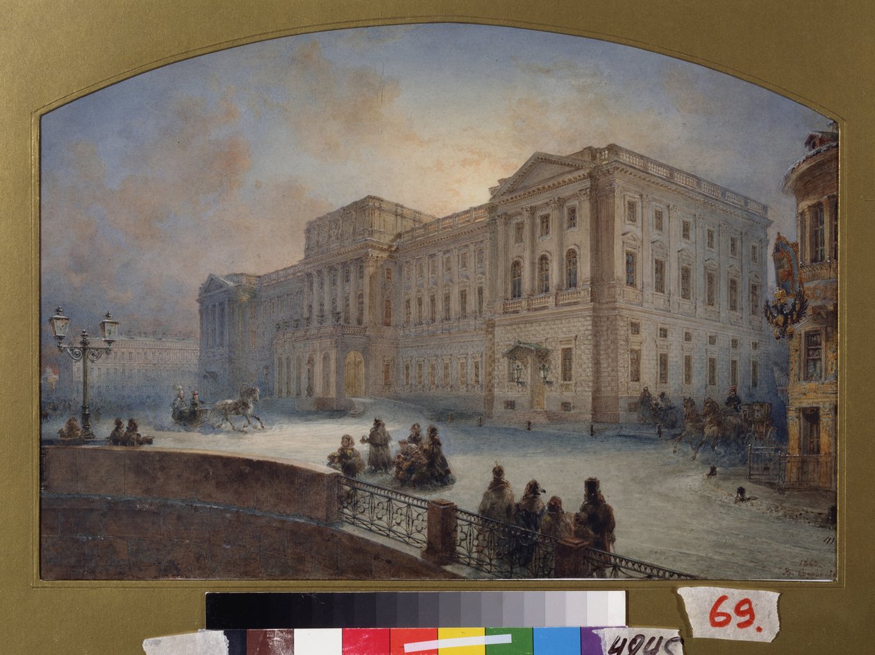 Näkymä Marlinskyn palatsille talvella (Pietari). Vasili Semjonovitš Sadovnikovin (1800-1879) työ, akvarelli paperille tekijältä Vasili Semenovich Sadovnikov
