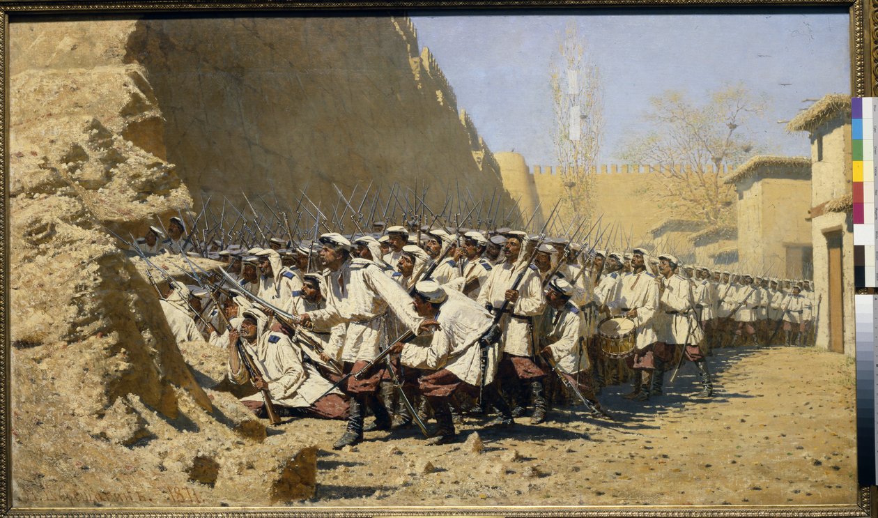 Linnoituksia, päästäkää ne sisään! (joukkojen kokoontuminen ennen taistelua) (Linnakkeen muureilla; Päästäkää sisään!) - Vasili Vasilyevich Vereshchagin (Vereshchagin) maalaus (1842-1904), öljy kankaalle (95x160,5 cm) tekijältä Vasili Vasilievich Vereshchagin