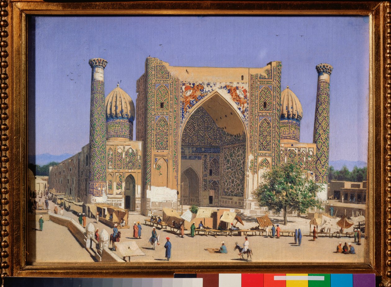 Sherdar Madrasah Registan Squarella Samarkandissa (Sherdar Madrasah Registan Squarella Samarkandissa) - Vasili Vasilyevich Vereshchagin (Vassili Vereshchagin) maalaus (1842-1904), öljy kankaalle tekijältä Vasili Vasilievich Vereshchagin