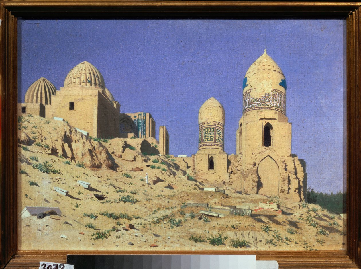 La necropole Shah I Zinda (Shah-i-Zinda) a Samarcande (Ouzbekistan) (Necropolis Shah I Zinda Samarkandissa) - Peinture de Vasili Vasilyevich Vereshchagin (Vassili Verechtchaguine) (1842-1904), huile sur toile tekijältä Vasili Vasilievich Vereshchagin