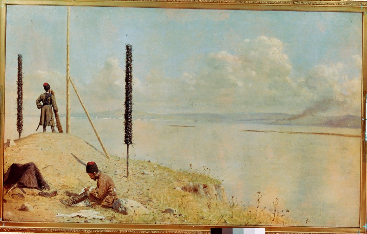 ""Vartiomies Tonavalla, Ukraina"" Kasakkakaarti Tonavan suistossa - (Piketti Tonavalla) Vasili Vasilyevich Vereshchagin (Vassili Vereshchagin) maalaus (1842-1904) Öljy kankaalle 1878-1879 Museo 20x200 cm x 120 Taide, Kiova tekijältä Vasili Vasilievich Vereshchagin