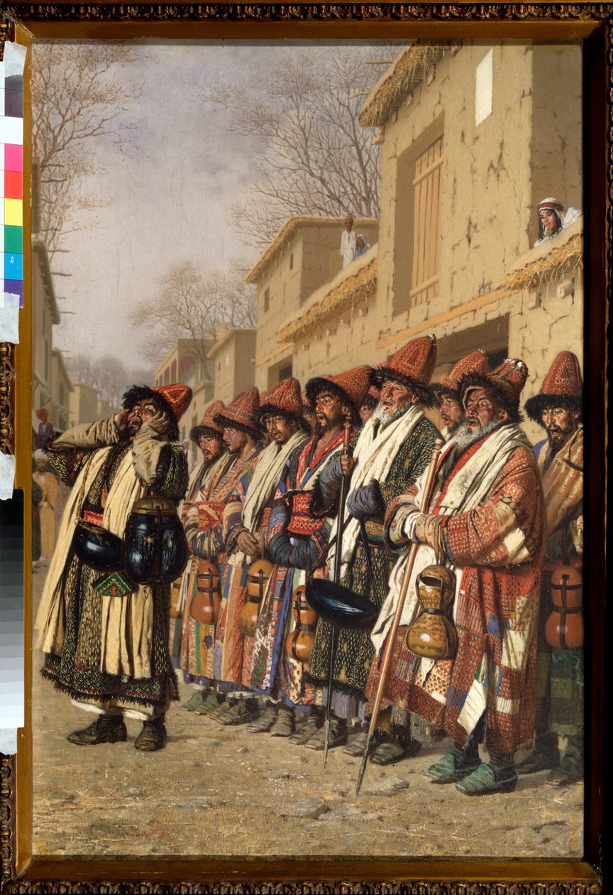 Almuja pyytävien derviskien kuoro Tashkentissa (Uzbekistan) (Dervisheiden kuoro almuja kerjäämässä Taškentissa) - Vasili Vasilyevich Vereshchagin (Vassili Vereshchagin) maalaus (1842-1904), öljy kankaalle tekijältä Vasili Vasilievich Vereshchagin