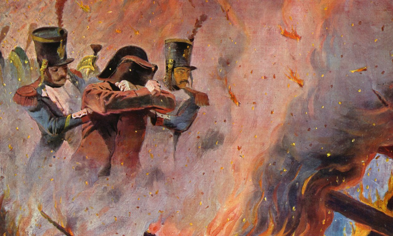 Sotilaat opastavat Napoleon Bonapartea Moskovan tulipalon läpi (värilitografia). tekijältä Vasili Vasilievich Vereshchagin