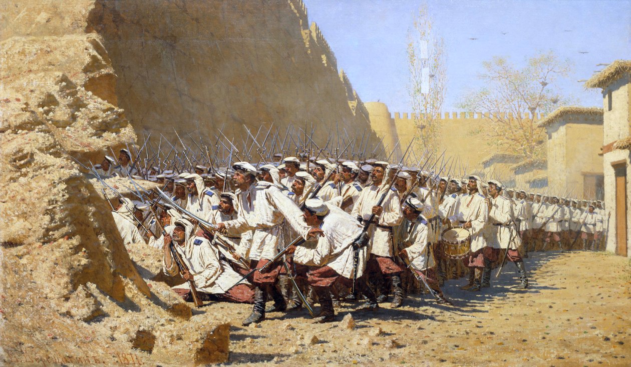 Linnoituksen muureilla. Päästä heidät sisään!", 1871. tekijältä Vasili Vasilyevich Vereshchagin