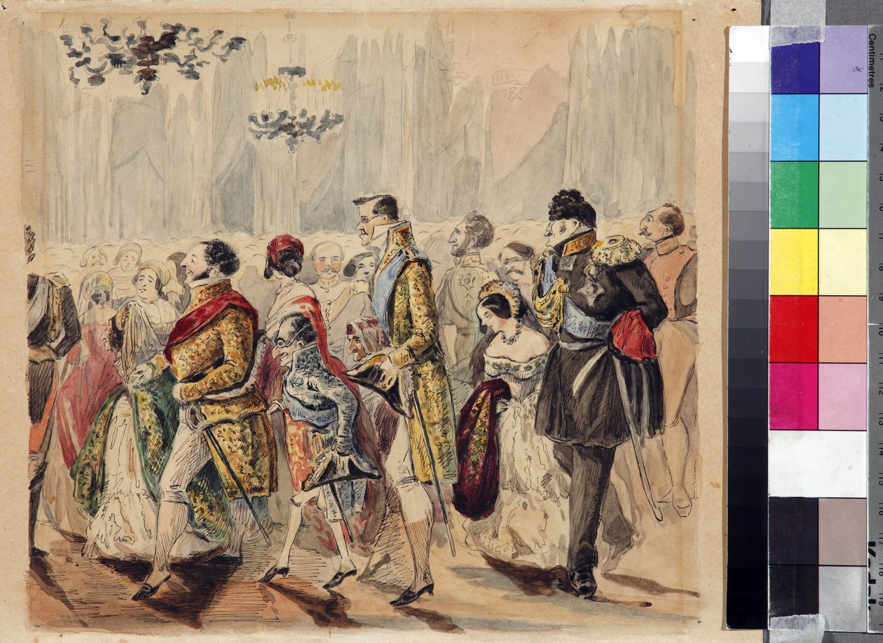 High Society Ball par Baranov, Vasili Venediktovich (1792-1836), 1800-luvun ensimmäinen neljännes. - Akvarelli paperille - Tarkhanyn osavaltion Lermontov-museo tekijältä Vasili Venediktovich Baranov