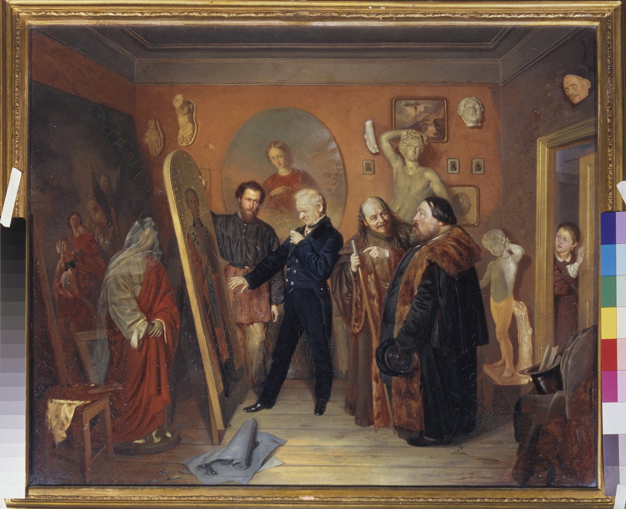 Maalarin ateljee. Taidemaalari näyttää yhden maalauksistaan ​​taidekauppiaille. Lapsi tarkkailee kohtausta. Vasily Vladimirovich Pukirev (Vassili Pukirev) (1832-1890) maalaus öljy kankaalle tekijältä Vasili Vladimirovits Pukirev