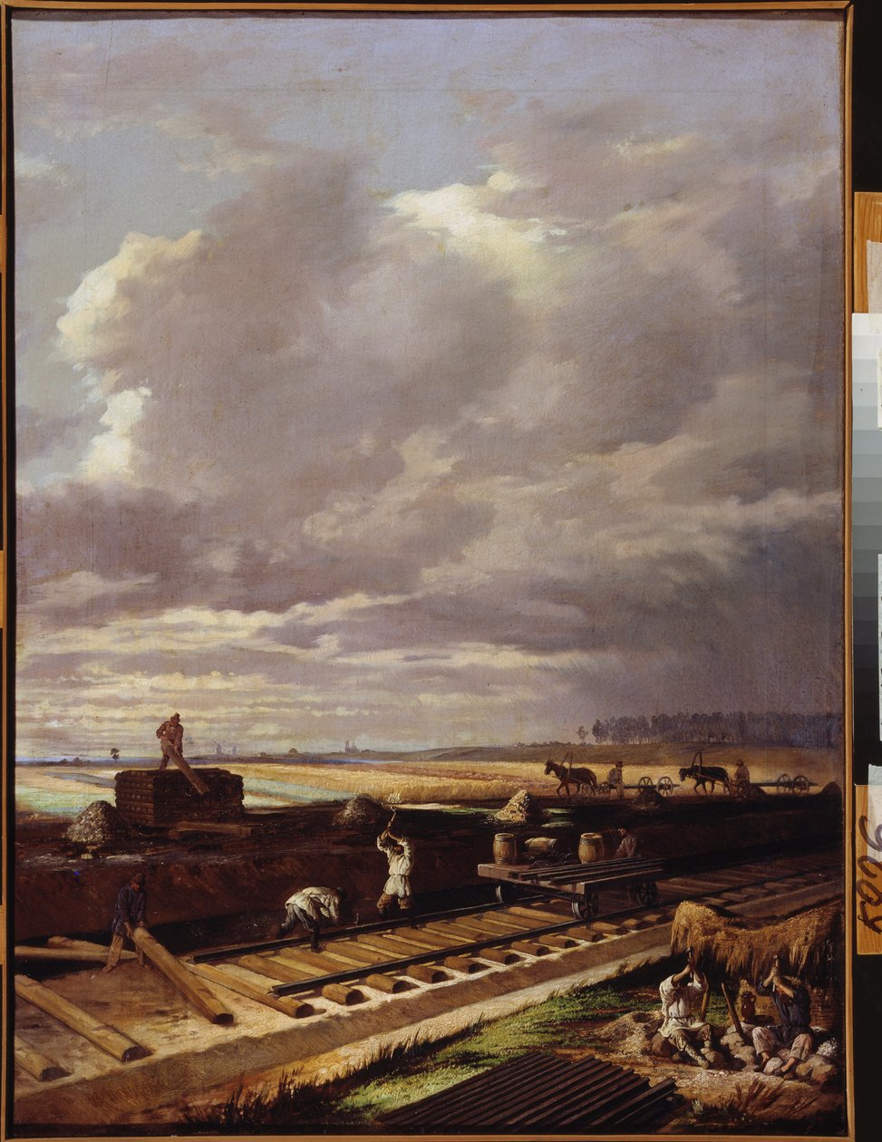 Rakennustyöt rautatiellä - Vasili Vladimirovich Pukirevin (Vassili Poukirev) maalaus (1832-1890), öljy kankaalle tekijältä Vasili Vladimirovits Pukirev