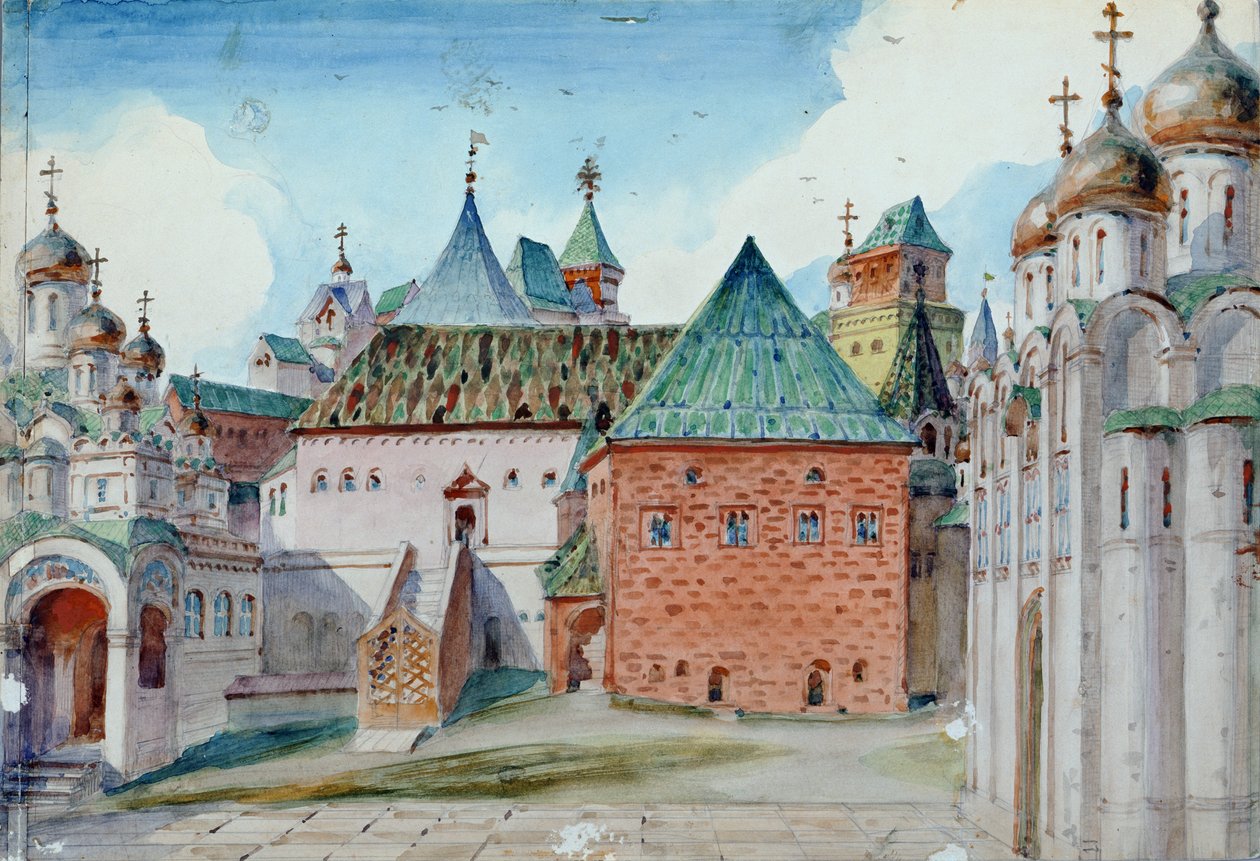 Lavastus Modest Musorgskin oopperaan "Boris Godunov", 1916 tekijältä Vasilij Dmitrievich Polenov