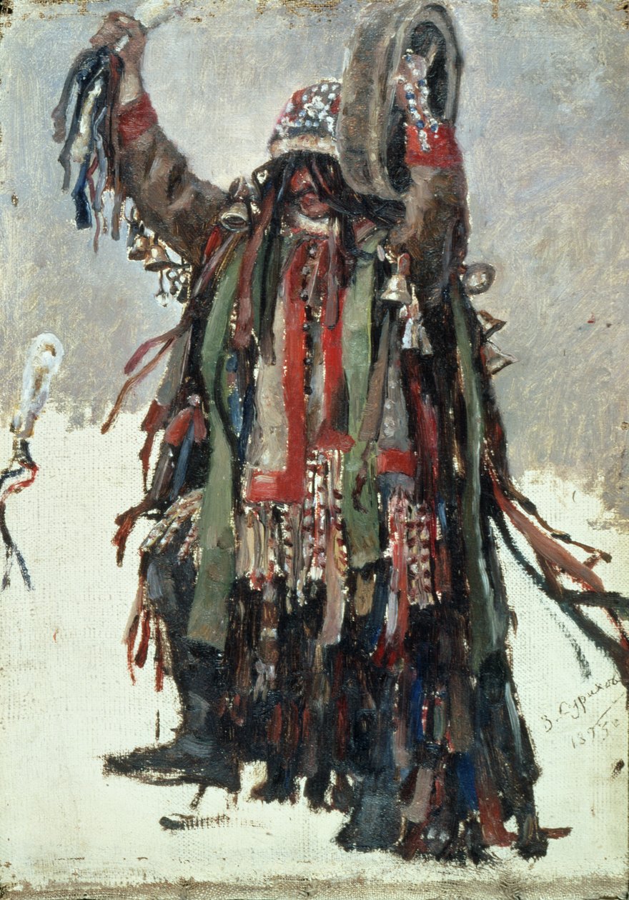 Shamaani, luonnos "Yermak valloittaa Siperian", 1893 tekijältä Vasilij Ivanovic Surikov