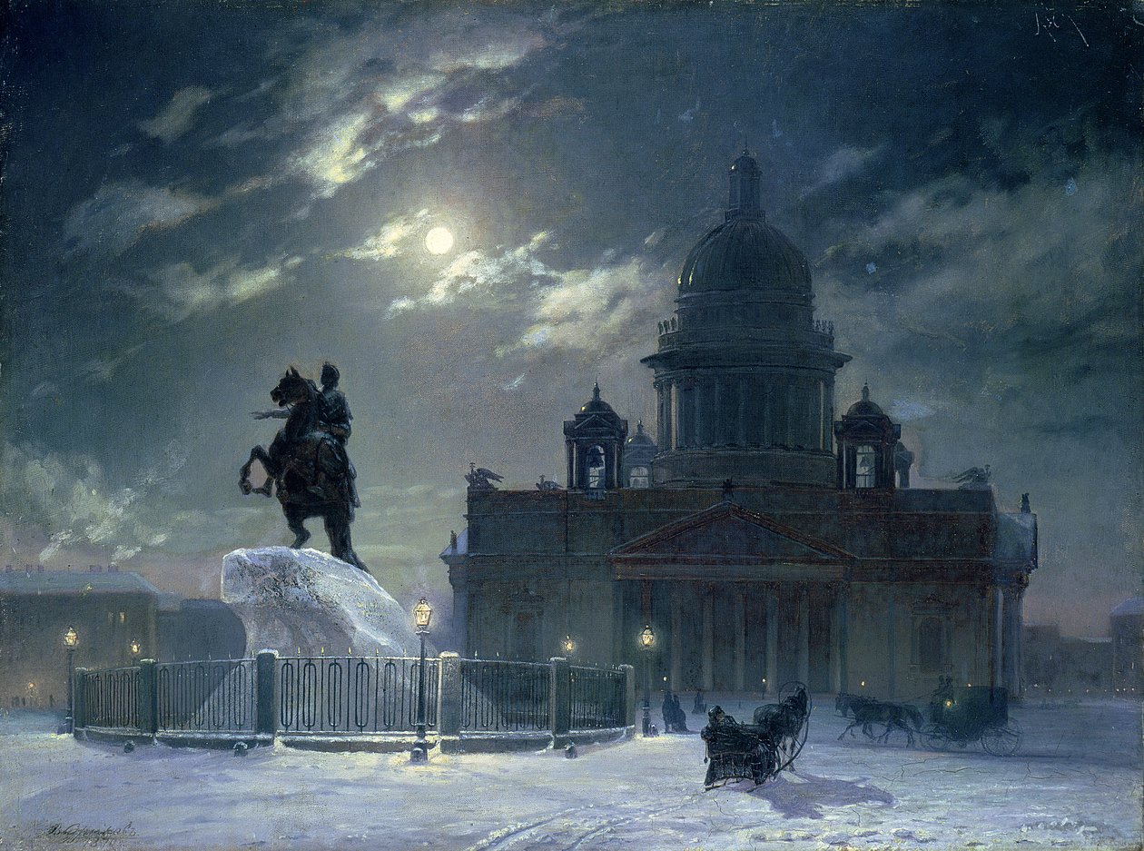 Näkymä Pietari Suuren muistomerkille Senaatintorilla, Pietarissa, 1870 tekijältä Vasilij Ivanovic Surikov