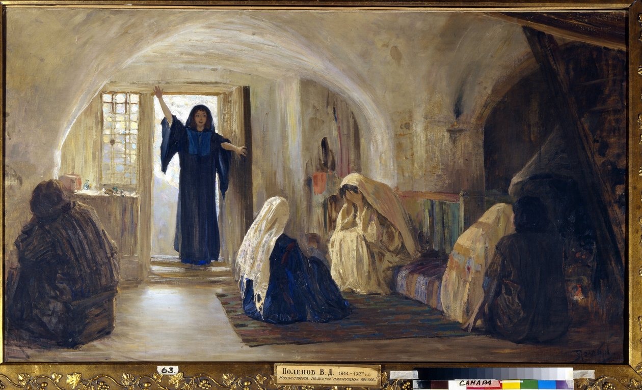 Ilonkyynelten laukeaminen (säteilevä nuori nainen astuu taloon, jossa kaikki istuvat huuhteleen ja itkevät) (Ilman kyynelehtivä ilo) - Vasili Dmitrievich Polenovin (1844-1927) maalaus, öljy kankaalle (80x141 cm), 1899- 1905 - osavaltio tekijältä Vasilij Dmitrievich Polenov