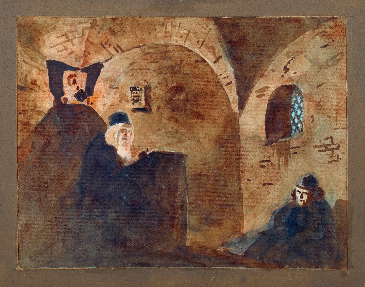 Valmisteleva sisustus, holvihuone, Modeste Musorgskin (Mussorgski) (1839-1881) oopperaan "Boris Godounov" - Lavastus M Musorgskin Boris Godunov-oopperaan - Vasili Dmitrievich Polenovin (1844-1927) teos, akvarelli ja guassi pahville tekijältä Vasilij Dmitrievich Polenov