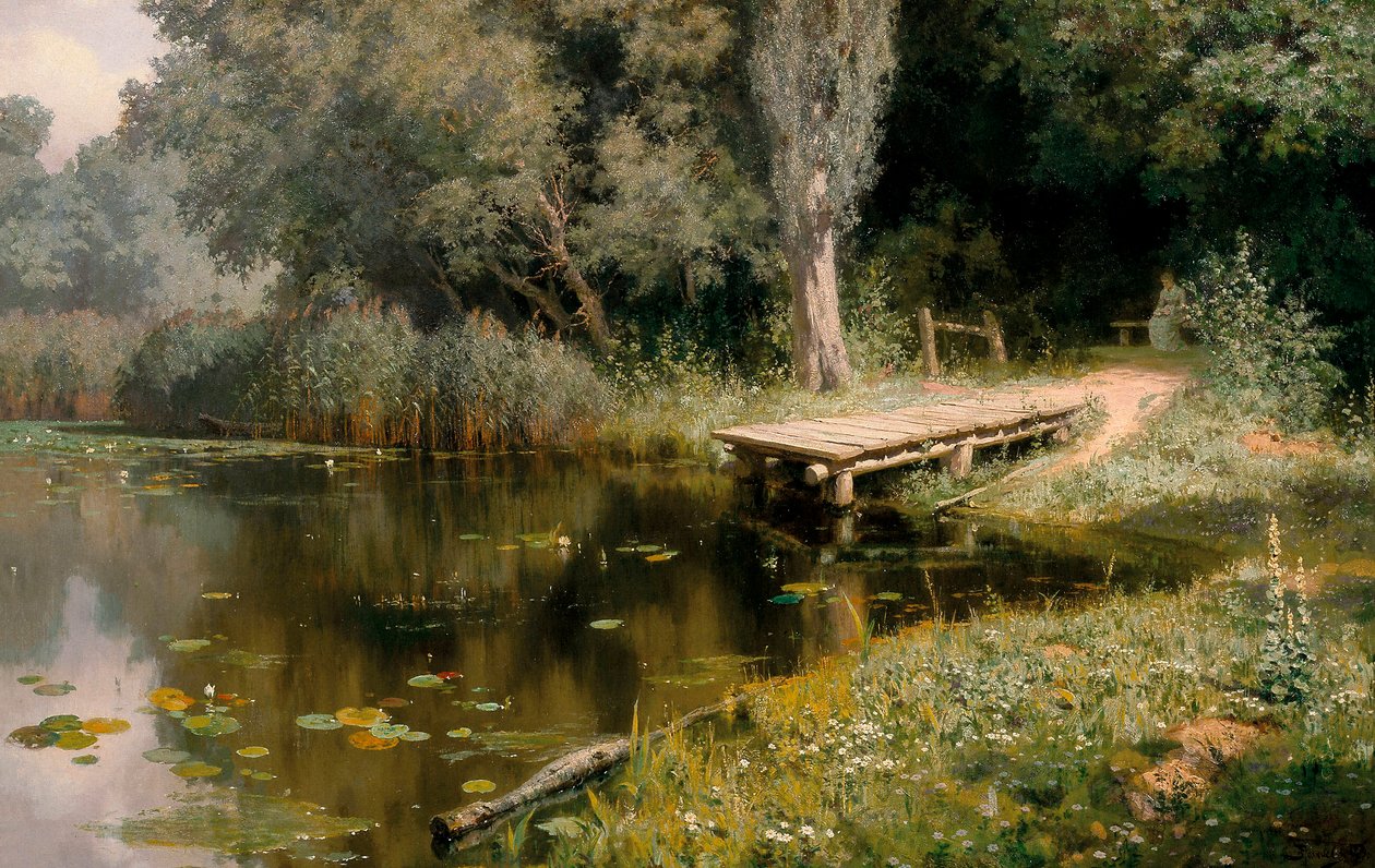 Altaan umpeen kasvanut kasvillisuus. Vasili Dmitrievich Polenovin (1844-1927) maalaus tekijältä Vasilij Dmitrievich Polenov