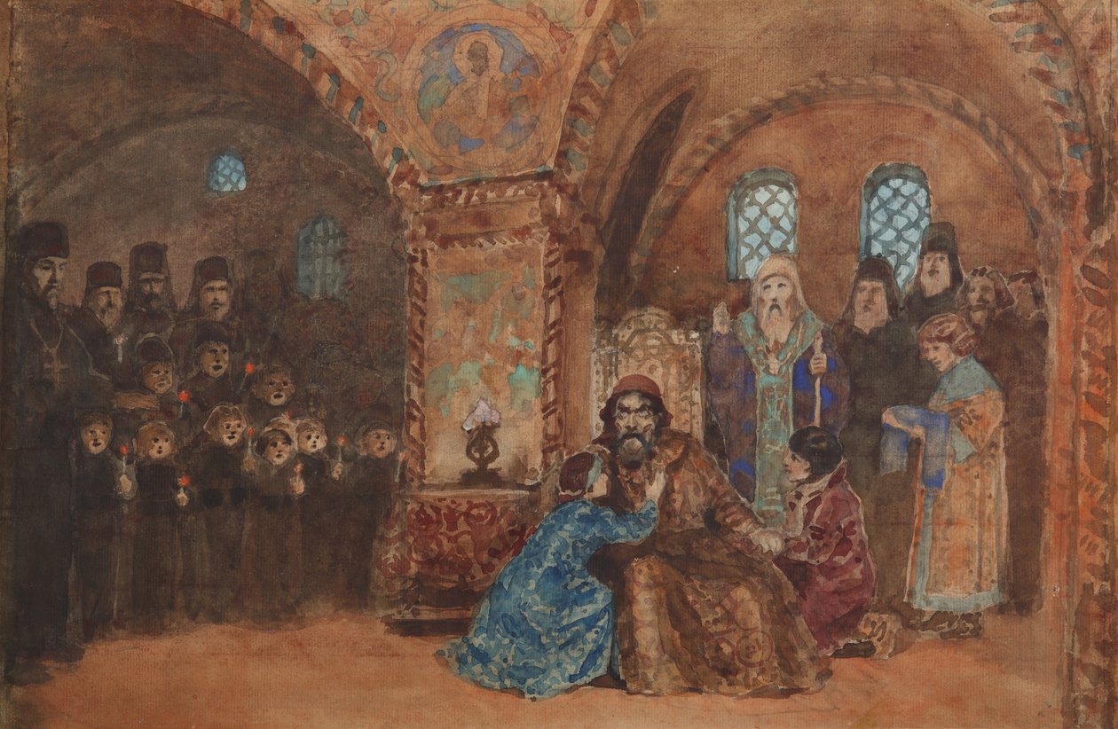 Lavastus M. Musorgskin Boris Godunov-oopperaan tekijältä Vasilij Dmitrievich Polenov