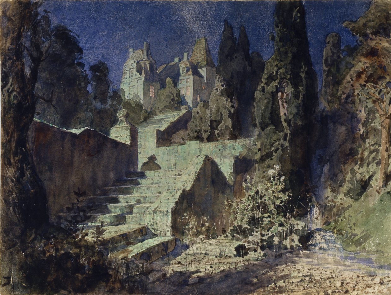 Lavastus N. Krotkovin oopperaan Punainen ruusu, 1884 tekijältä Vasilij Dmitrievich Polenov